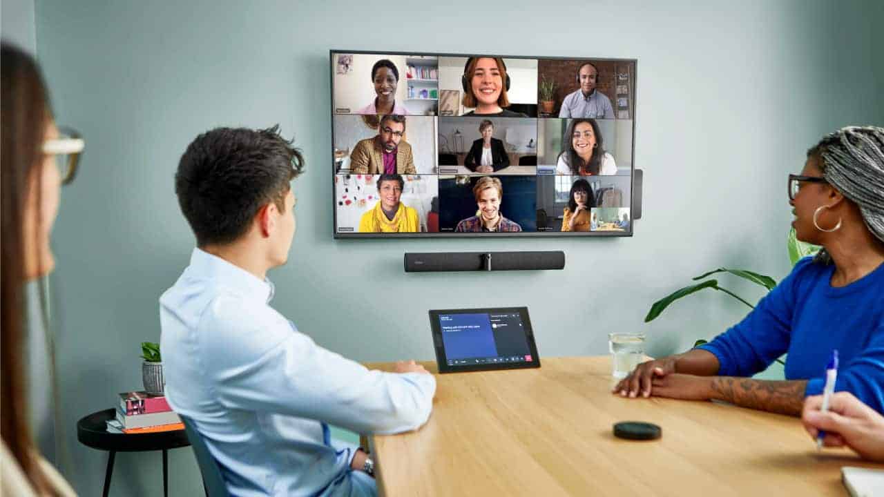 People in a meeting with the Jabra Panacast video bar for video conferencing